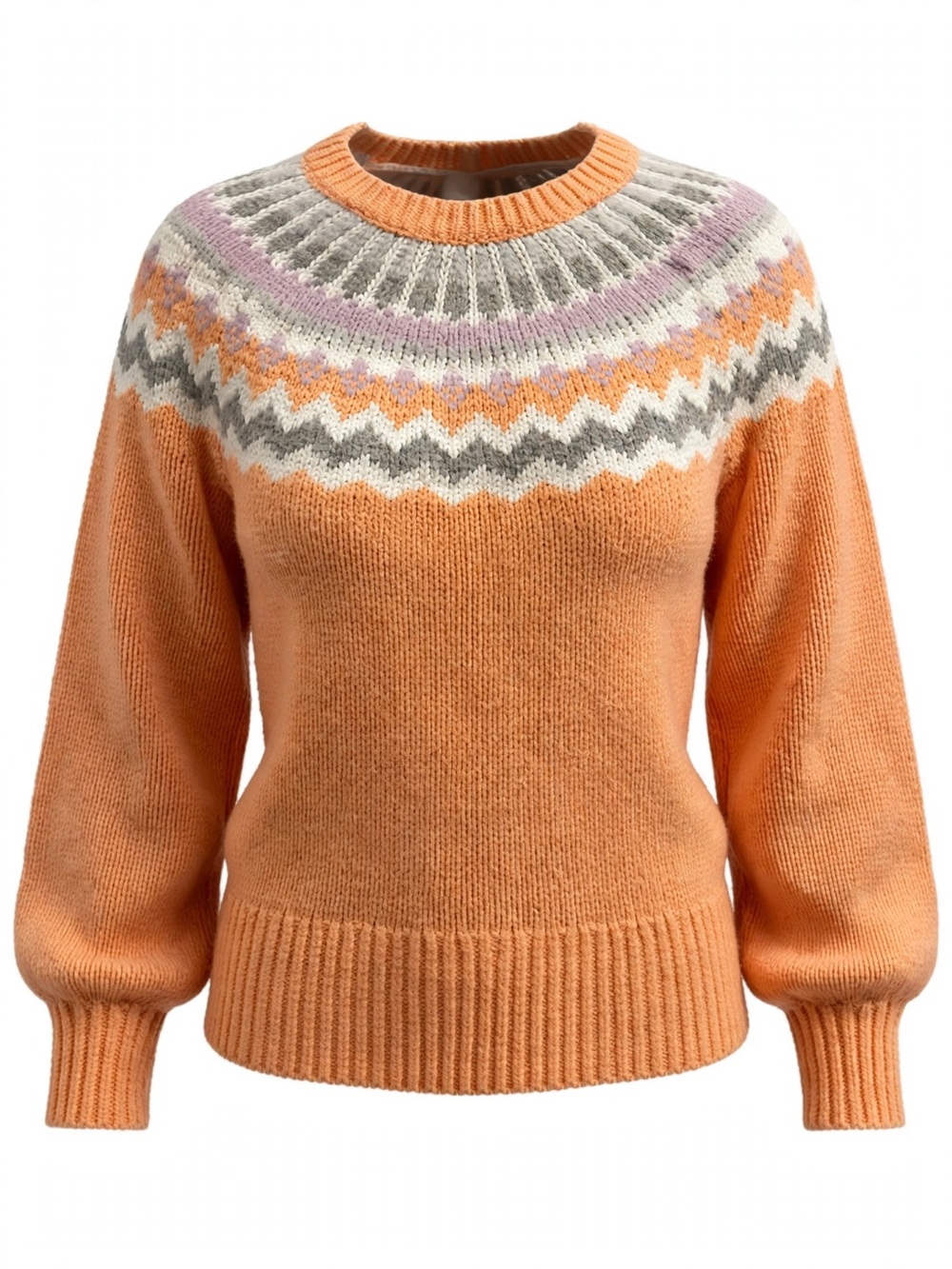 LOFT Orange Fair Isle Crewneck Sweater with Lavender & Gray Yoke